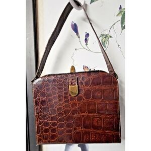 1950's Crocodile leather‎ handmade Handbag  BROWN Brass Hardware Leather lining